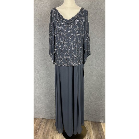 Jkara Women's Plus Size Grey Beaded Cowl Neck Gown With Sequin Overlay 14W NWT's - Picture 1 of 8